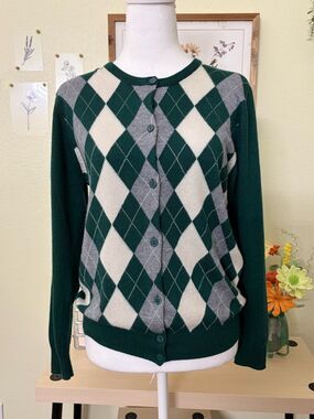 Forever 21 Argyle Wool Blend Cardigan Sweater Green Preppy Academia Collegiate S